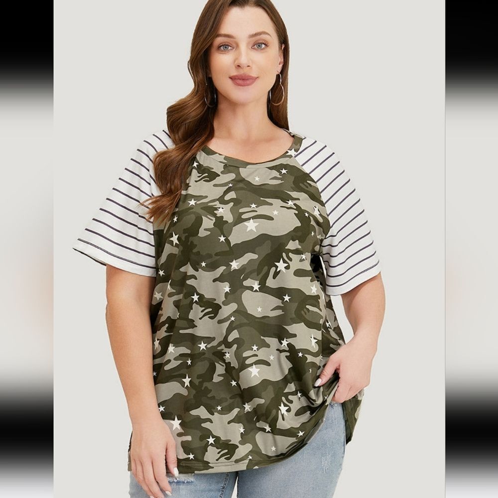 NWT 1X 14W 16W Camo Stars Stripes Raglan Tee K-1145